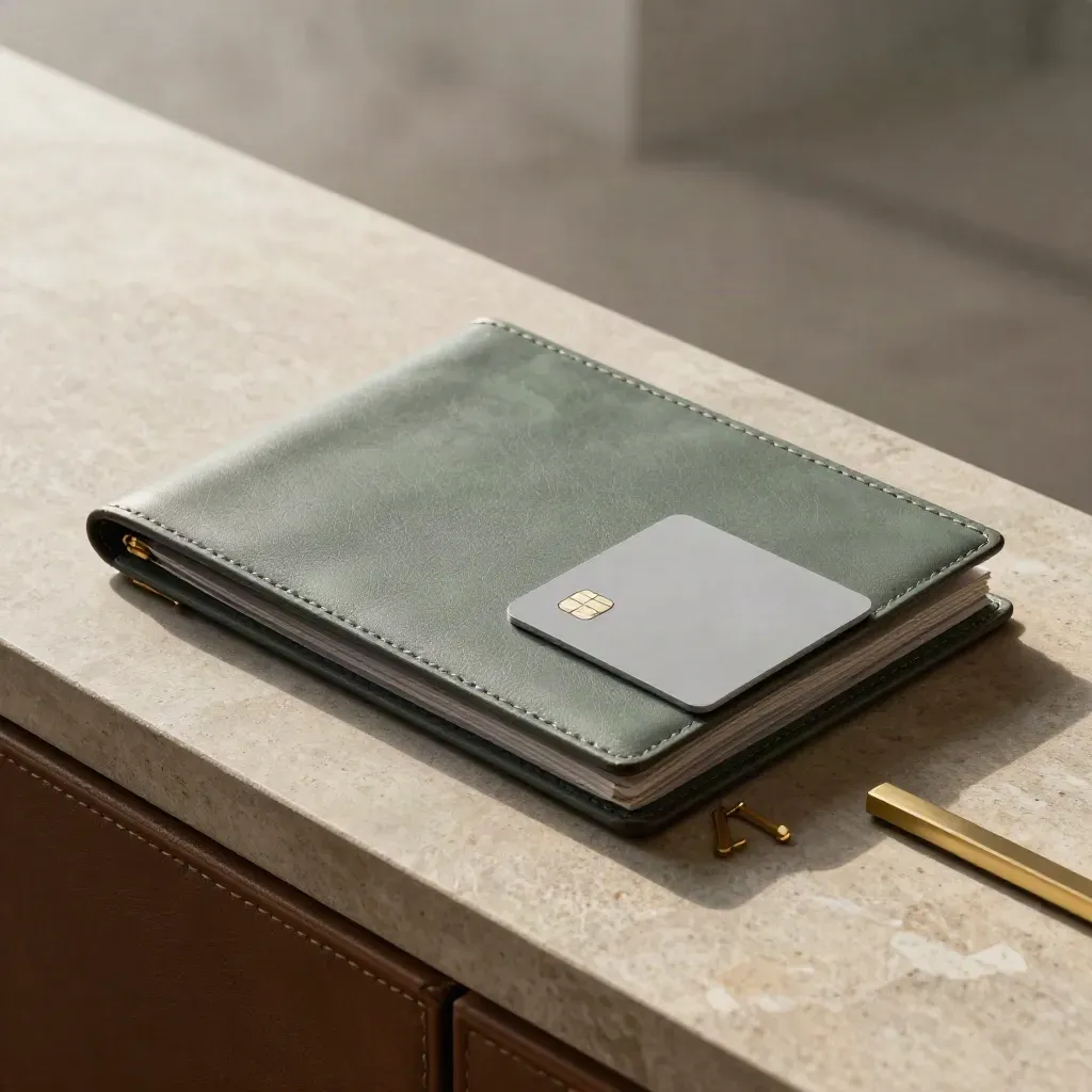 Leather portfolio, blank secured card mockup, files, brass clips on stone in moody daylight.