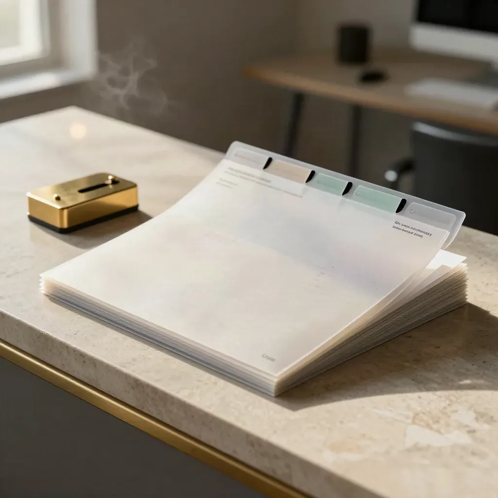 Brass paperweight and fanned report sleeves on pale stone in a finance setting