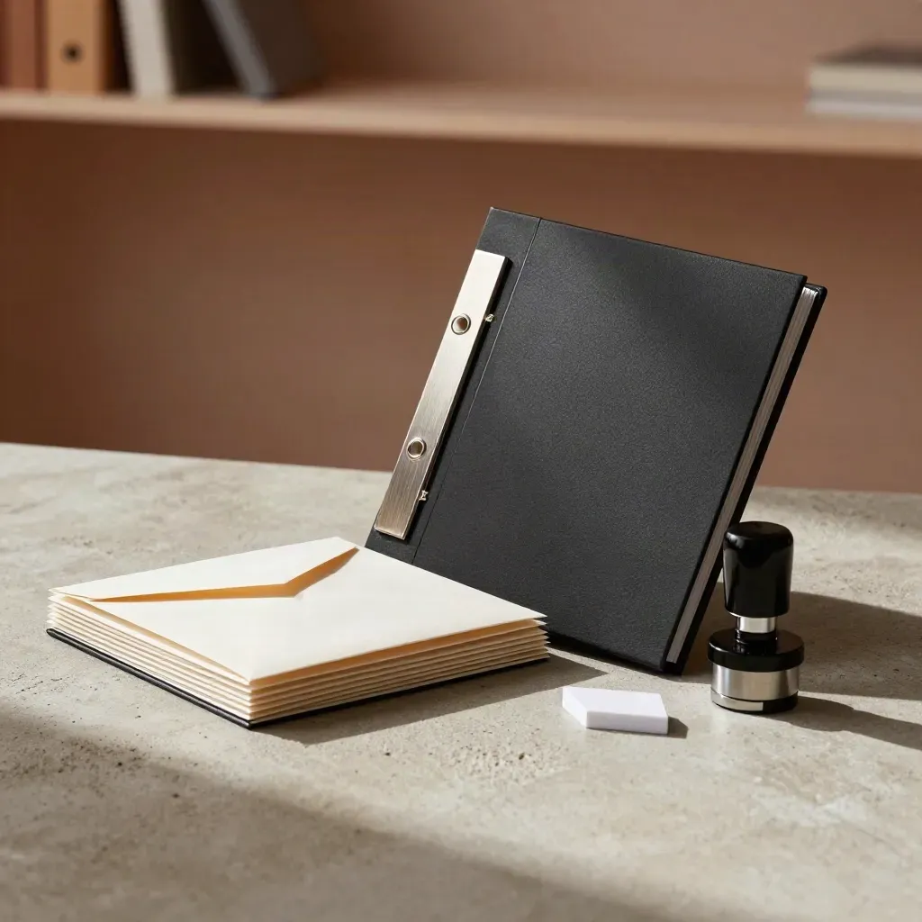 Business credit setup kit with binder, clips, sleeves, and seal on warm concrete.