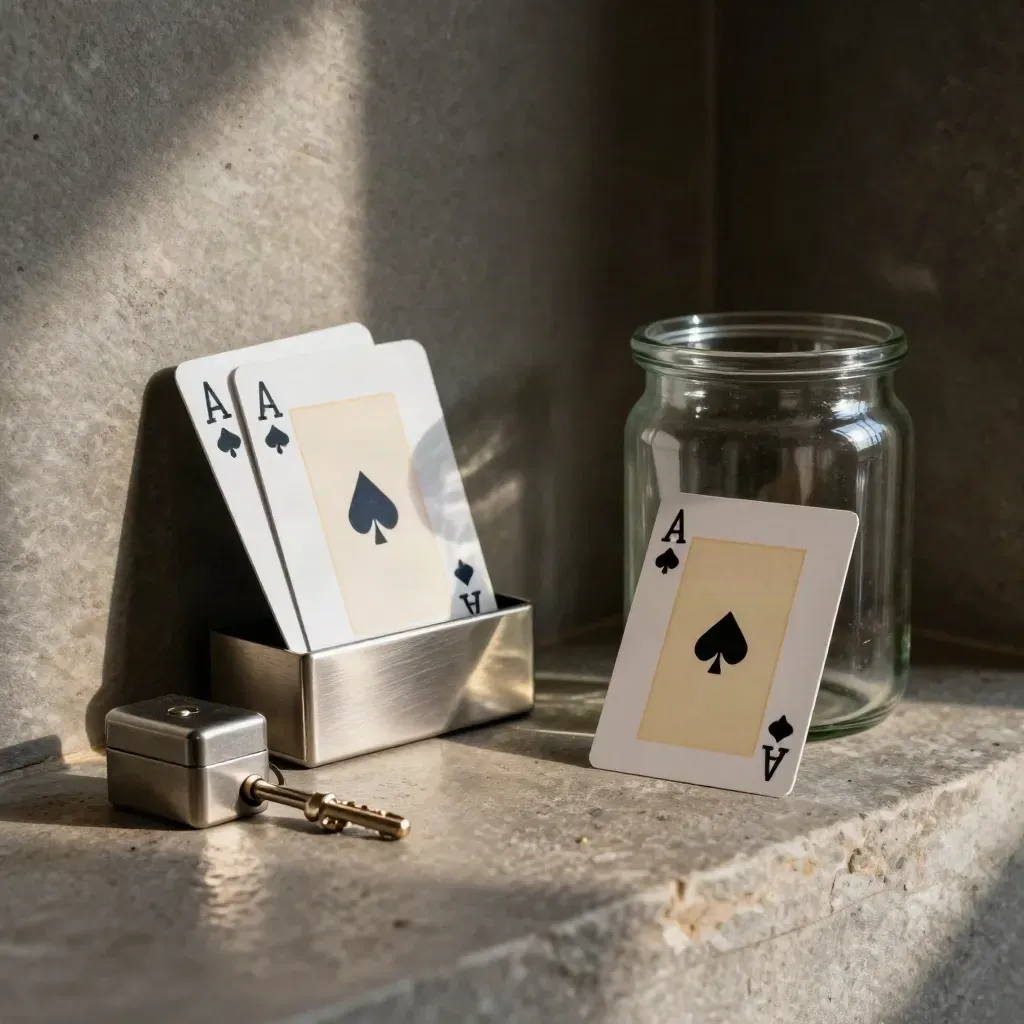 Secured cards, metal stand, key, and glass deposit jar on a stone ledge in dramatic light.
