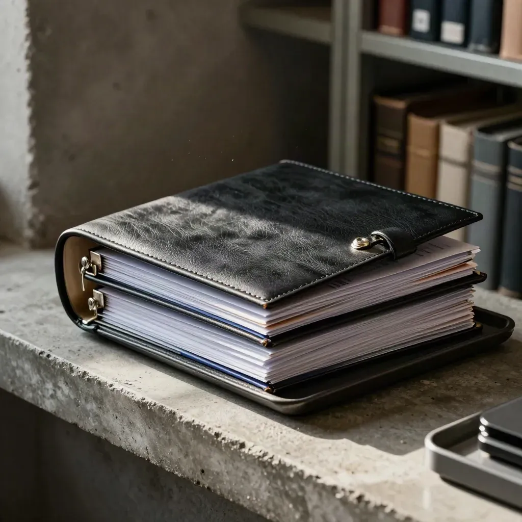 Black business-credit binder, sleeves, clips and tray settling on a concrete ledge.