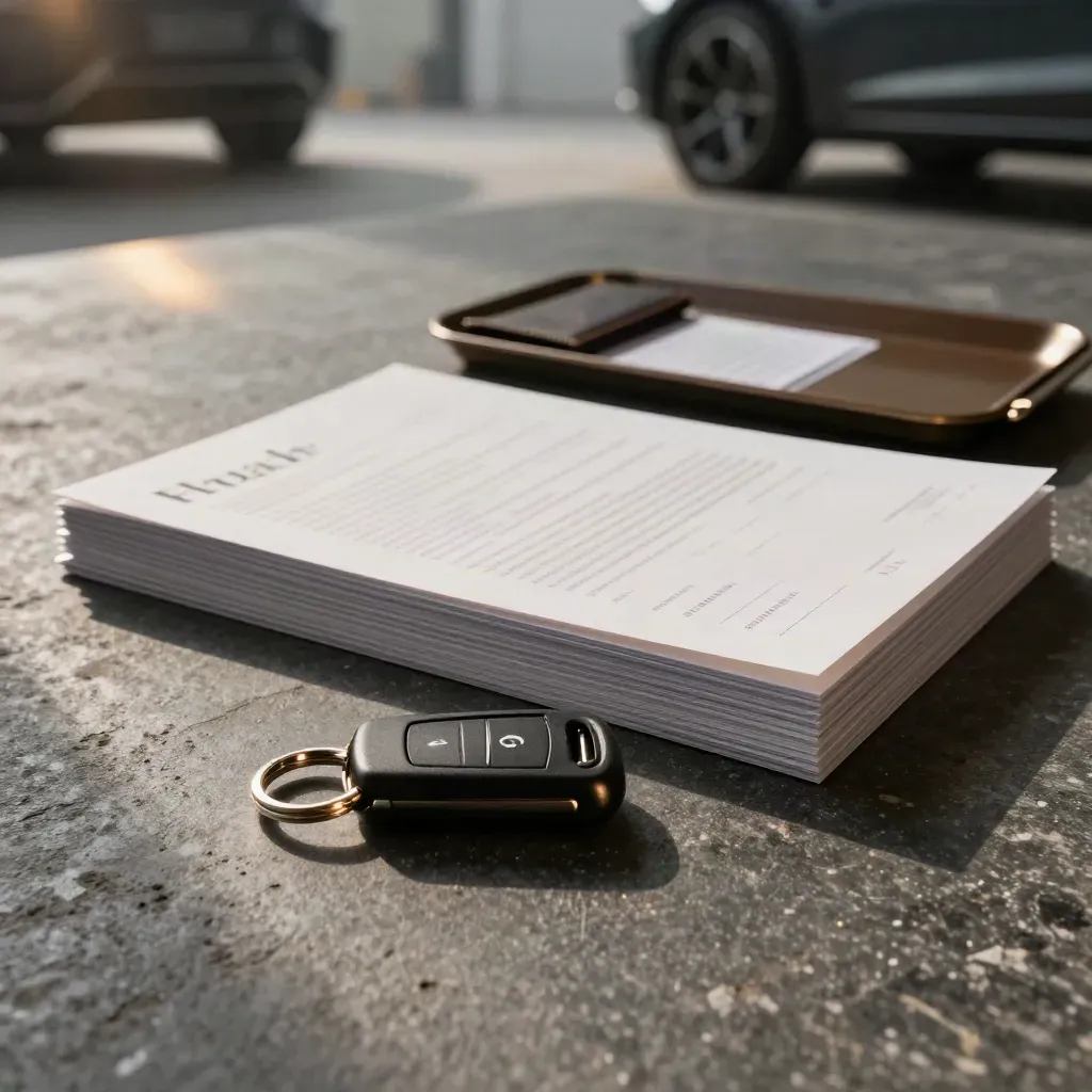 Key fob and loan file stack on dark stone in a moody garage-like scene