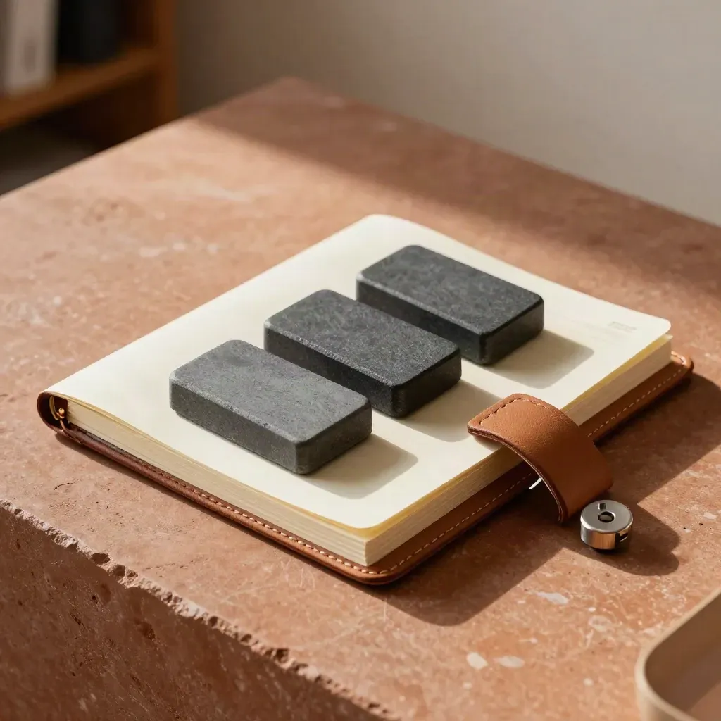 Top-down still life of a planner, slate status pucks and a leather tray on warm stone