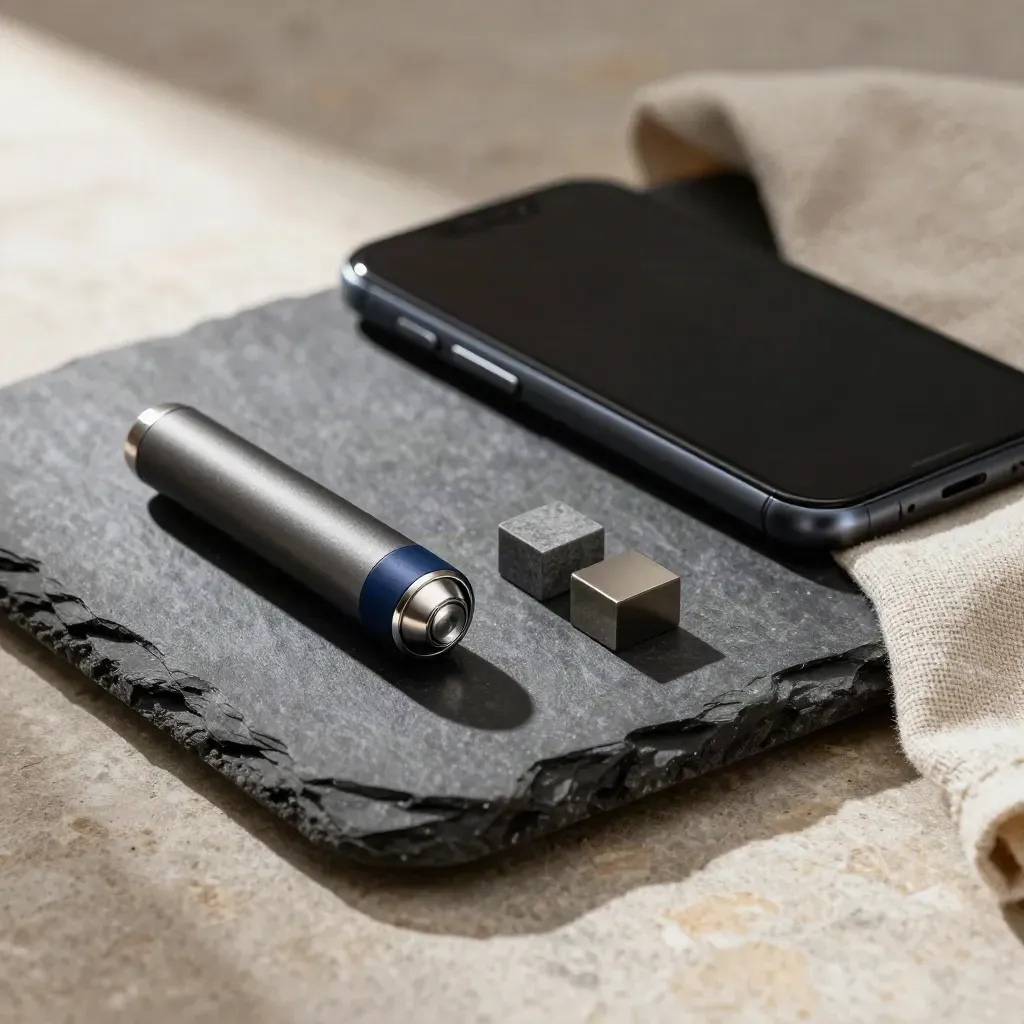 Alert puck, face-down phone, and two status blocks on a dark tray with a linen cloth