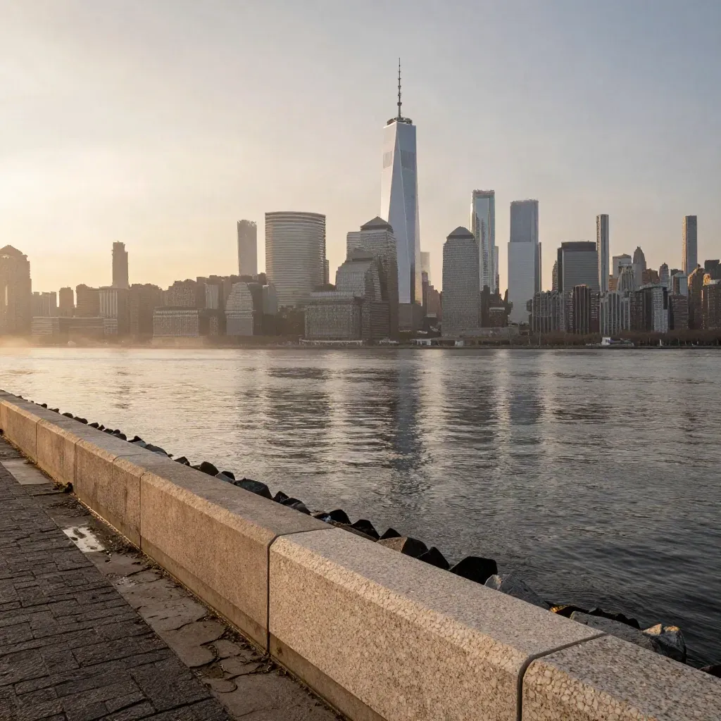 Lower Manhattan skyline from Brooklyn waterfront at dusk over a calm hazy river