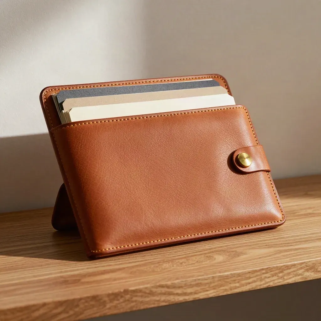 Leather portfolio with brass clip and tabs on warm wood, softly lit in a premium finance still life.